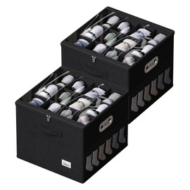 2 Pack Shoe Organizer for Closet Large Shoe Box Storage Containers with Clear Window Space Saving Shoe Bin with Foldable Bottom Support Adjustable Dividers Fits 32 Pairs (Black, (16.5*16.5*13in)*2)