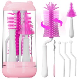 Juego de cepillos para biberones con Estante de Secado, Kit de Cepillo para Polvo 6 en 1 con Cepillo para Polvo de Silicona para biberones, Cepillo para Polvo para pezones, Base drenable