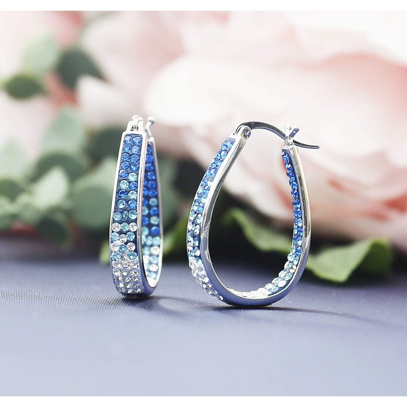 Crystal Hoop Earrings For Women Rhodium Plated Oval Inside Out