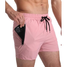 Mens Swim Trunks 5" with Mesh Lining Quick Dry Beach Shorts with Zipper Pockets Sports Swimming Trunks for Men, Pink, X-Small