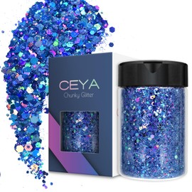 Ceya Holographic Chunky Glitter, 4.9oz/ 140g Royal Blue Craft Glitter Powder Mixed Chunky & Fine Flakes Iridescent Nail Sequins for Nail, Hair, Epoxy Resin, Tumblers, Slime, Painting, Festival Decor
