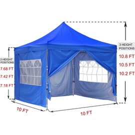 GDY 10x10 Ft Outdoor Pop Up Canopy Tent, Commercial Portable Instant Folding Shelter Gazebos Blue Waterproof Canopies with Carrying Bag