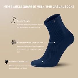 SERISIMPLE Men’s Bamboo Viscose Ankle Quarter Thin Socks Breathable Soft Summer Mesh Design, Anti-Odor Casual Dress 5 Pairs (US, Alpha, X-Large, Regular, Regular, Navy blue)
