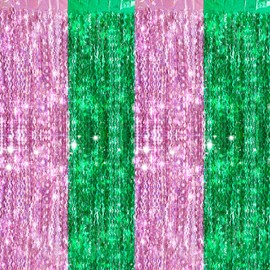 2 Pack Pink and Green Wave Shaped Shiny Foil Fringe Curtain Party Streamers Foil Curtain Backdrop Photo Booth Props for Birthday Baby Shower Witch Theme Decorations