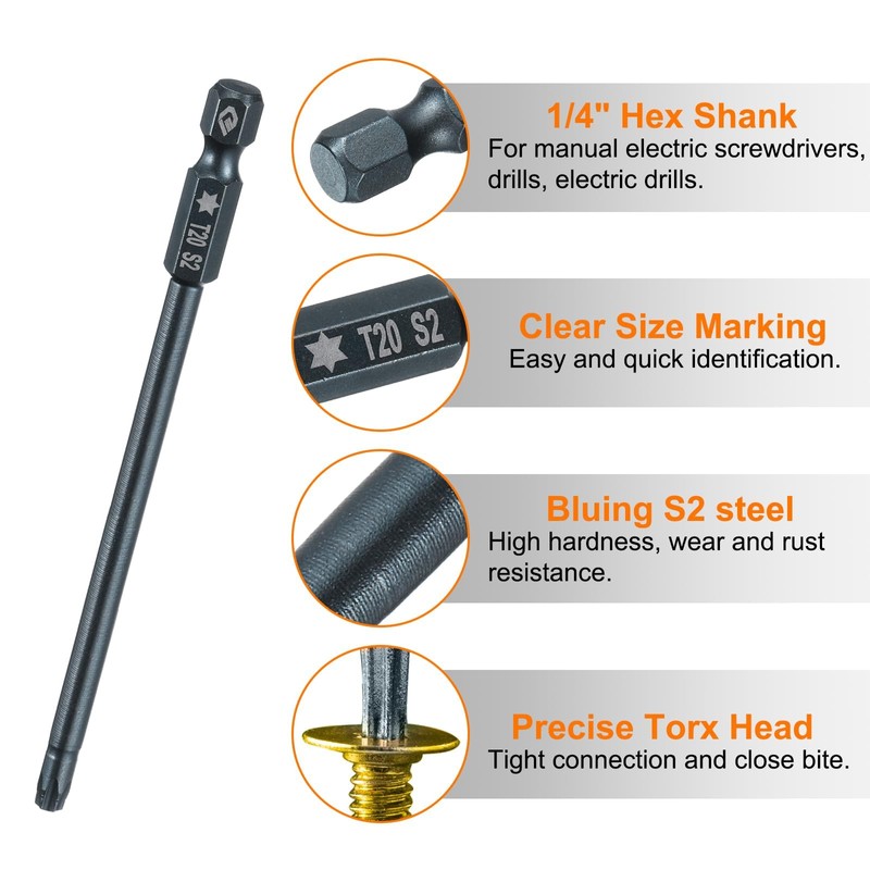 TA-VIGOR 1Pcs T20 Torx Head Screwdriver Bits 1/4 Inch Hex