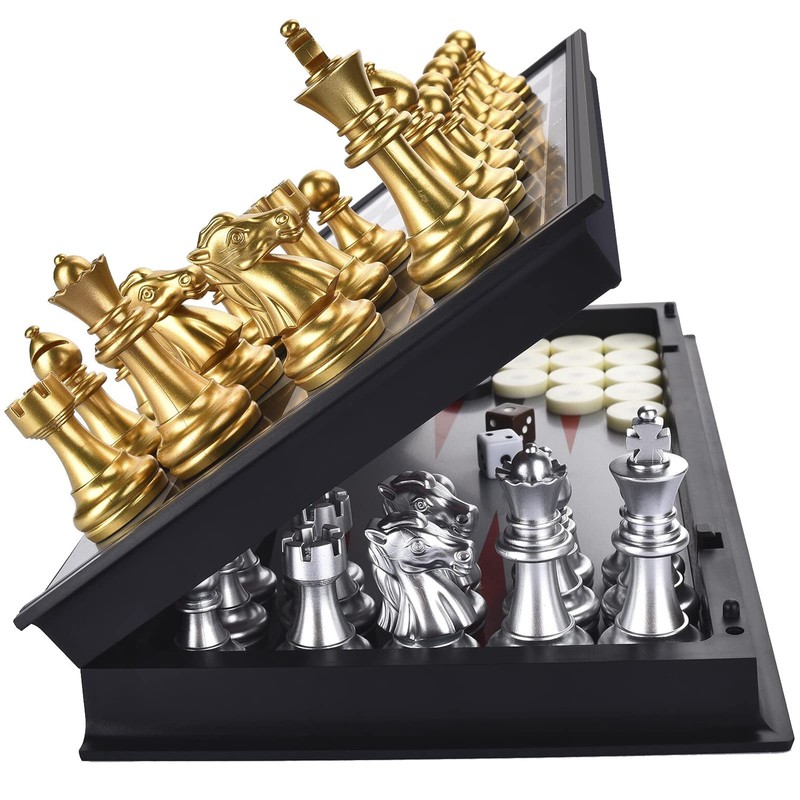 QuadPro 3 in 1 Magnetic Chess Checkers Backgammon Board Game