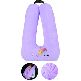 MissSoul Kids Travel Pillow for Car Seat with Hand Muff, Cartoon Neck & Headrest Seat Belt Pillow for Car Road Trips Long-Distance Travel Sleeping Pillow for Adults and Children, Purple Unicorn