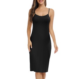 Vlazom Women's Full Slips, Soft Slinky Petticoat Ladies Long Nightdress Basic Underskirt for Women with Adjustable Straps Black,XXL
