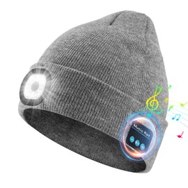 Rotibox Bluetooth Beanie with Light, Unisex USB Rechargeable 4 LED Headlamp Hat, Wireless Headphones Grey