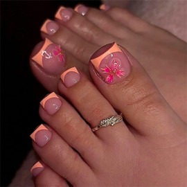 Tyuimhx Orange French Tip Press on Toenails Square Fake Toe Nail 3D Flowers False Toenails Acrylic Glue on Toe Nail Glossy Floral Artificial Stick on Toe Nail for Women 24 Pcs