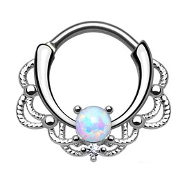 Piercingfaktor Piercing, Universal Clicker Shield Ring, Septum, Nose Piercing, Lip, Tragus, Helix, Ear, with Opal, Silver