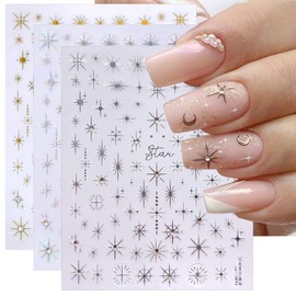 3 Sheets Star Nail Stickers for Nail Art 3D Chrome Nail Art Stickers with Rhinestones Self-Adhesive Glitter Designs Nail Art Supplies Laser Gold Silver Nail Decals Star Charms for Women Acrylic Nails