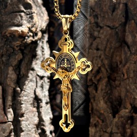 bahamut Jesus INRI Crucifix Saint St. Cross Pendant Necklace for Men Stainless Steel Religious Jewelry Rolo Chain (Gold INRI Cross)