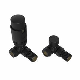NRG Black Corner Thermostatic Valve Bathroom Towel Rail Radiator Valves with Free Lockshield Valve