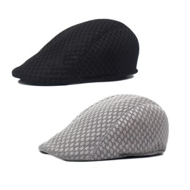 Lopsity 2PCS Men Mesh Flat Cap Breathable Summer Newsboy Hat Beret Hat Adjustable Newsboy Beret Cap Cabbie Flat Cap (Black+Grey)