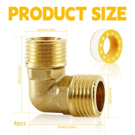 4 pieces brass angle 90°, DN20 pipe angle bend, brass, movable screw connection, 3/4 inch, 90 degree extension fitting, 3/4 inch male thread to 3/4 inch male thread for pipe connection, water tank