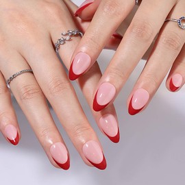 RTKHFZE French Red Tip Press on Nails Short Almond Fake Nails with Nail Glue Pink Full Cover False Nails with Designs Nails Glossy Acrylic Press on Nails Stick on Nails for Women and Girls 24Pcs
