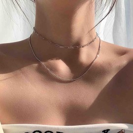 Aneneiceera Vintage Layered Paperclip Chain Choker Necklace Short Chunky Chain Necklace Silver Paperclip Necklace Elongated Chain Necklace Jewelry for Women
