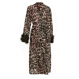 NICEYEA Women's Leopard Print Ruffle Floral Long Sleeve Belted Night Robe Bathrobe Sheer Nightgown Cover Up Bridesmaid Wedding Party Dressing Gown (UK, Alpha, One Size, Regular, Regular, A)