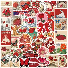 50Pcs Vintage Red Aesthetic Stickers, Cute Retro Red Waterproof Vinyl Sticker Pack for Kids Teen Grils, WLJIAO Red Graffiti Water Bottles Laptops Journal Scrapbook Guitar Decorative Decals