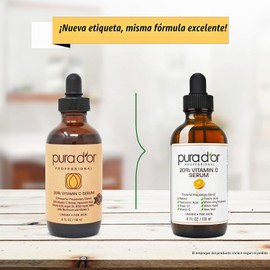 Sérum de Vitamina C anti-edad Pura D'or 20%, fuerza profesional, terapia aceite de argán orgánico, ácido hialurónico y vitamina E, 4 onzas líquidas