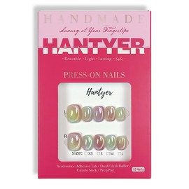 Hantyer Press on Nails with Tools Kit, Short Oval Fake Nails in Dopamine Colors, Summer Cat Eye Gel Nails, Handmade Tips Cute & Vibrant Style for Women Daily & Pool Parties(Size S)