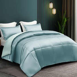 Whale Flotilla 3-Piece Reversible Silky Soft Queen Comforter Bedding Set, Luxurious Satin Comforters Full Size with 2 Satin Pillowcases, Lightweight Duvet for All Seasons, Haze Blue