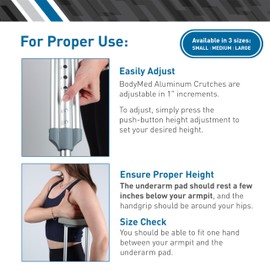 BodyMed Aluminum Crutches, Medium (Pair) - Adjustable Height (5'2" - 5'10"), Lightweight Design, Padded Underarm Cushions & Hand Grips, Non-Slip Rubber Tips - Supports Up to 300 Pounds