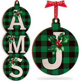 Christmas Initial Ornament for Christmas Tree Decorations - 12x10cm - Xmas Wooden Hanging Baubles - Xma Family Tree Gifts C2 (Initial #J)