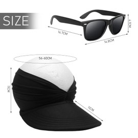 USHXVG 1 Beach Sun Hat, 1 Pair of Sunglasses, Foldable and Adjustable Sun Hat, Wide Brim Sun Hat, Women's Ponytail Hollow Top Hat, Summer Outdoor Sun Hat Black
