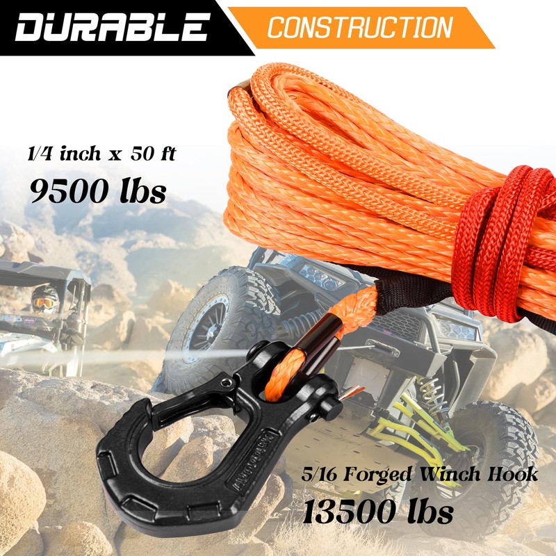 Synthetic Winch Rope Cable Kit 1/4" x 50 ft 9500Lbs