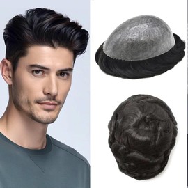Toupee For Men Human Hair Toupee Men Hairpiece Poly Thin Skin Mens Hair Pieces Replacement System For Man Protesis Capilar Para Hombre #1B OFF BLACK 8X10