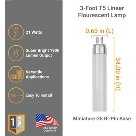 Diodesy- Pack of 40 F21T5/850 Straight T5 Fluorescent Tube Light Bulb, ROHS Compliant, 21 Watts, 5000K Bright White, Mini Bi-Pin Base, High Performance Straight Tube Lamp