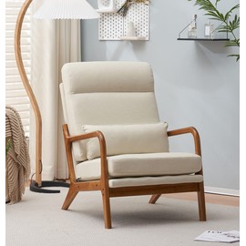 JOYBASE Lounge Accent Chair, Mid Century Modern Chair, High Back Chair, Wood Frame Armchair, Comfy Reading Chair for Living Room, Office, Bedroom (Off-White, Fabric)