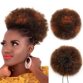 Afro Puff 8 Inch Kinky Curly Ponytail Extension Real Human Hair Ponytails for Black Women Girls Natural Drawstring Ponytail 4c Fake Bun African American High Wigs Puffs Medium Brown Mix Copper Red 50g