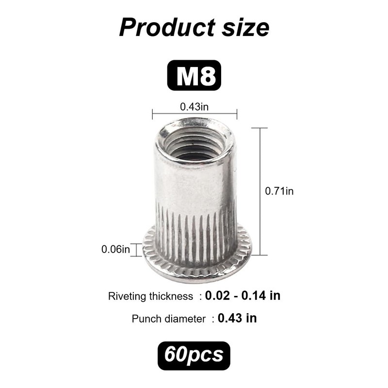 Aililong Rivet Nuts M8-60pcs Stainless Steel Flat Head Blind Rivet