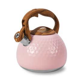 Foedo Whistling Tea Kettle,3.2Qt Stainless Steel Stove Kettle, Food Grade Teapot with Wood Pattern Handle for Coffee, Milk etc, Gas Electric Applicable (Pink)