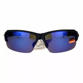 Xloop Mens Sports Sunglasses Half Rim Wrap Matted Black Silver Print UV 400 - Blue (Blue Mirror)