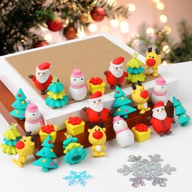 FINGOOO Christmas Erasers for Kids, 30 Pcs Cute Santa Reindeer Snowman Xmas Tree Gift Box Erasers for Christmas Party Bag Filler