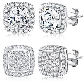 Dochais Cubic Zirconia Stud Earrings for Men Women, 14K Gold Plated Hypoallergenic 925 Sterling Silver Post Earrings Set, Iced Out Round & Square CZ Studs-Silver 2