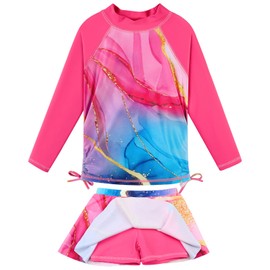 BAOHULU Girls 2-Piece Rash Guard Swimsuit Long Sleeve Bathing Suit with Swim Skirt UPF50+ Kids Beach Swimwear 2-12Y S495_HotPinkAgate_12A