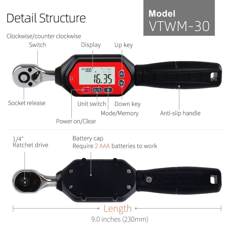VPOER Digital Torque Wrench 1/4-inch Drive, 0.66-22.11 ft-lbs (0.9-30 Nm)