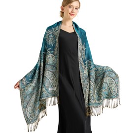 vimate Teal Pashmina Paisley Scarves-Ladies Winter Large Warm Rave Pashmina Shawls and Wraps for Evening Dresses with Fringes(Style 2-Teal)