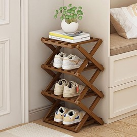 NANPONE Narrow Shoe Rack-Free Standing Shoe Racks-Bamboo Shoe Storage Organiser Vertical Foldable Shoes Shelf for Entryway,Closet,Hallway,Bedroom (Tawny, 4 Layer)