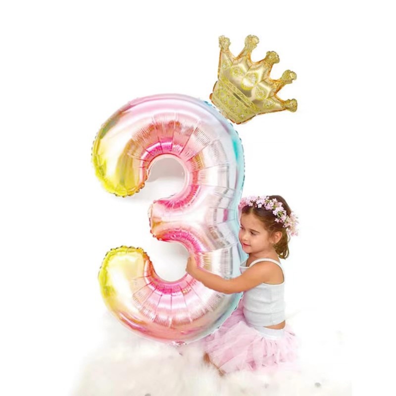 40-Inch Rainbow Gradient Number 3 Crown Balloon Set, 3rd Birthday
