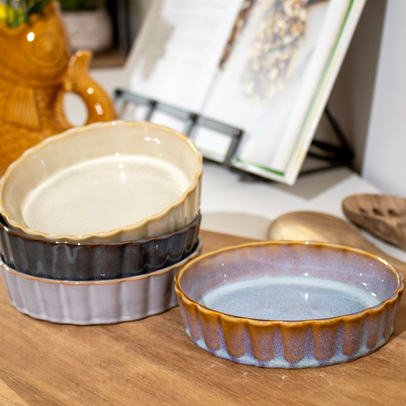 Set Of 4 Reactive Glaze Round Oven Dishes Ceramic Dark