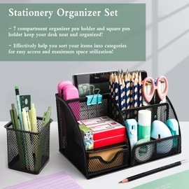 UMILKI 2 Piece Desk Organiser with Pen Holder Set, Metal Pen Holder, Black Storage Shelf, Office Table Organiser with Drawers for Pens, Stapler, Folder Clips, Sticky Notes