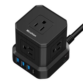 Micshion Extension Cord 3.3 ft (1 m) Type-C Included, USB Outlet (Total 2,400 W), 4 USB Ports, Lightning Guard, Convenient Carry-on Power Strip, USB Included, Octopus Wiring, Table Tap, OA Tap,