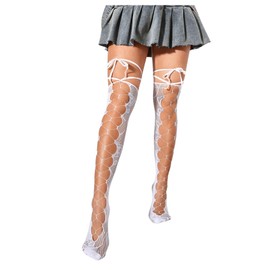 WDIRARA Women's Cut Out Lace Mesh Knee High Stockings Bow Knot Tie Tights High Socks White One-Size