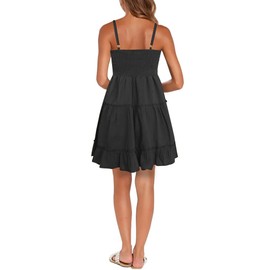 FANCYINN Women Floral Casual Tiered Mini Dresses Spaghetti Strap V Neck Backless A Line Swing Short Dress with Pockets Black S